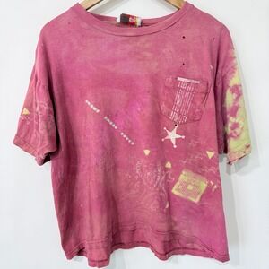 Vtg 90s Y2K Energie Distressed Holey T Shirt Large Pink Grunge Art Punk Indie